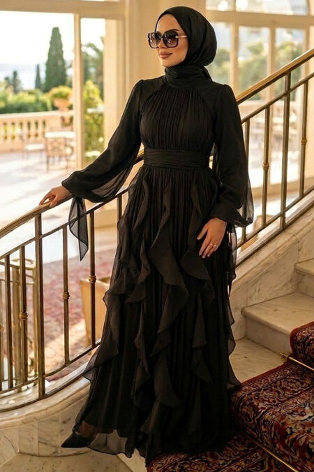 Modest Evening Dress - Ruffle Detail Black Modest Evening Dress 48532S - 