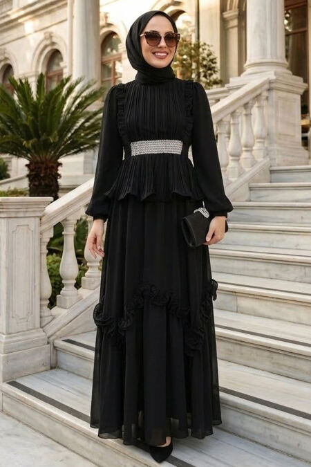 Modest Evening Dress - Ruffle Detail Black Modest Evening Dress 4881S - 