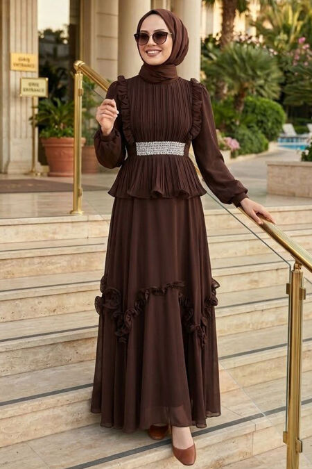 Modest Evening Dress - Ruffle Detail Brown Modest Evening Dress 4881KH - 
