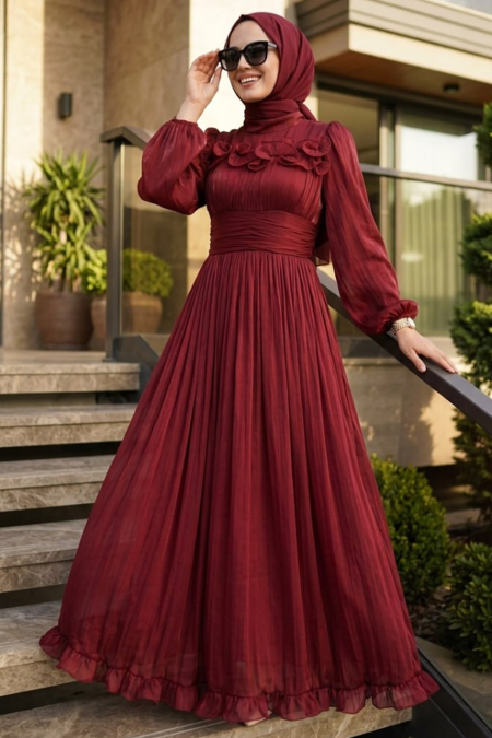Modest Evening Dress - Ruffle Detail Burgundy Modest Evening Dress 48231BR - 