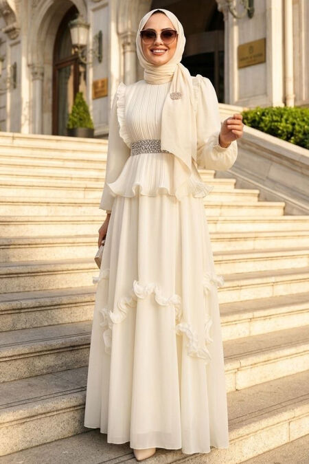 Modest Evening Dress - Ruffle Detail Ecru Modest Evening Dress 4881E - 