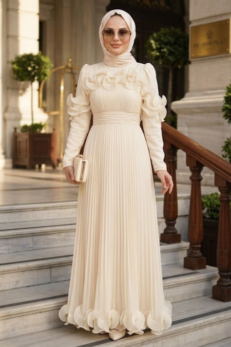 Modest Evening Dress - Ruffle Detail Ecru Modest Evening Dress 55691E - 