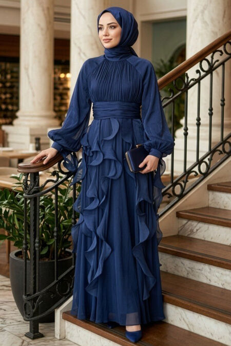 Modest Evening Dress - Ruffle Detail Navy Modest Evening Dress 48532L - 