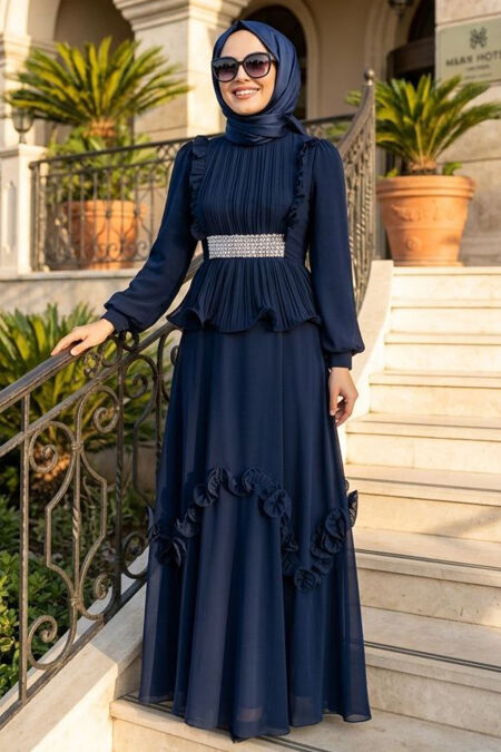 Modest Evening Dress - Ruffle Detail Navy Modest Evening Dress 4881L - 