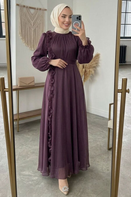 Modest Evening Dress - Ruffle Detail Plum Color Modest Evening Dress 45881MU - 
