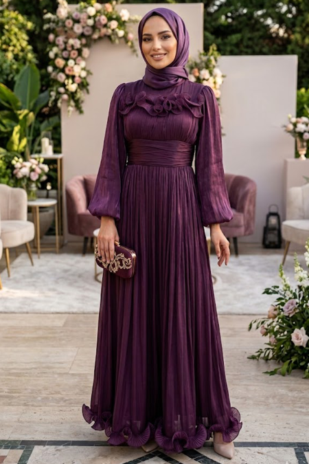 Modest Evening Dress - Ruffle Detail Plum Modest Evening Dress 48231MU - 
