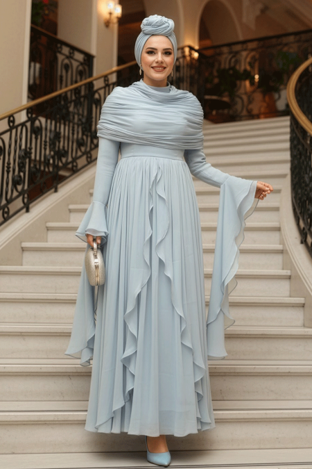 Modest Evening Dress - Ruffle Detailed Baby Blue Modest Evening Dress 53981BM - 