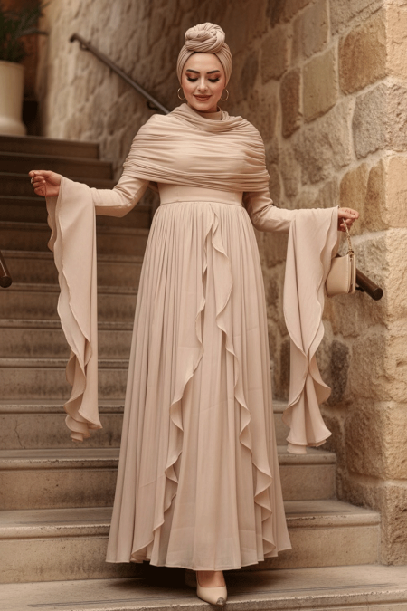 Modest Evening Dress - Ruffle Detailed Beige Modest Evening Dress 53981BEJ - 