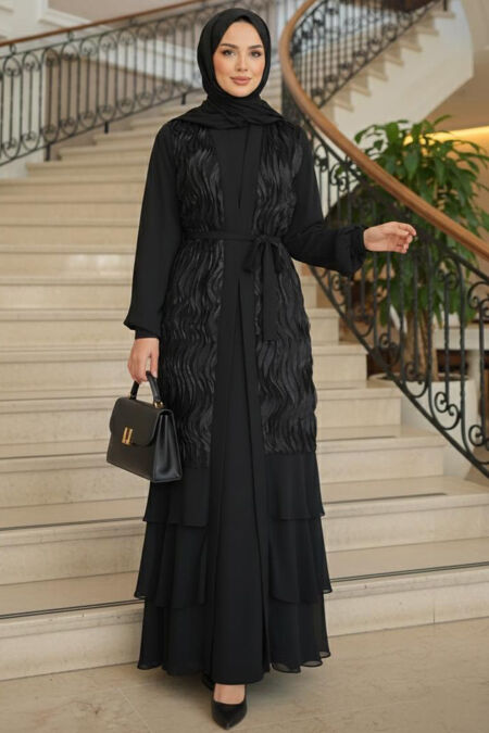 Modest Evening Dress - Ruffle Detailed Black Modest Evening Dress 48161S - 