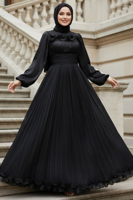 Modest Evening Dress - Ruffle Detailed Black Modest Evening Dress 48231S - 