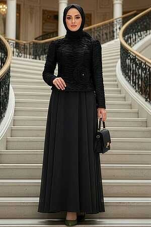 Modest Evening Dress - Ruffle Detailed Black Modest Evening Dress 54912S - 