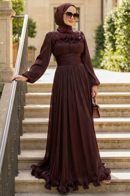 Modest Evening Dress - Ruffle Detailed Brown Modest Evening Dress 48231KH - 
