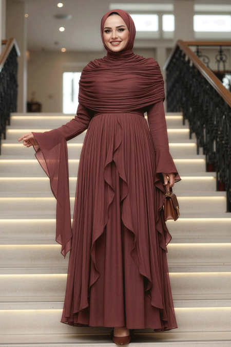 Modest Evening Dress - Ruffle Detailed Brown Modest Evening Dress 53981KH - 