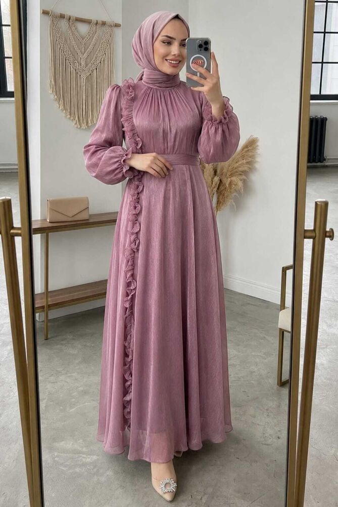 Modest Evening Dress - Ruffle Detailed Dusty Rose Modest Evening Dress 45881GK - 