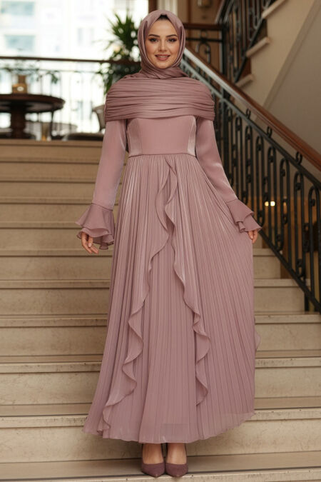 Modest Evening Dress - Ruffle Detailed Dusty Rose Modest Evening Dress 53981GK - 