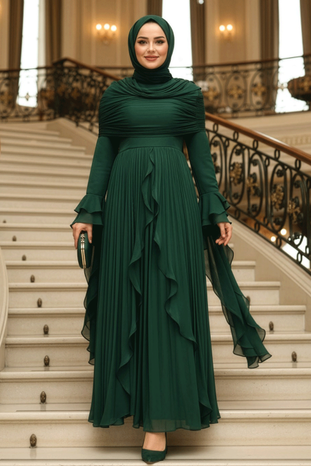 Modest Evening Dress - Ruffle Detailed Emerald Green Modest Evening Dress 53981ZY - 