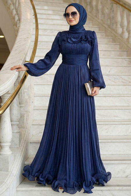 Modest Evening Dress - Ruffle Detailed Navy Blue Modest Evening Dress 48231L - 