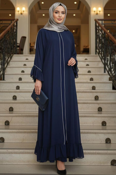 Modest Evening Dress - Ruffle Detailed Navy Blue Modest Evening Dress 4866L - 