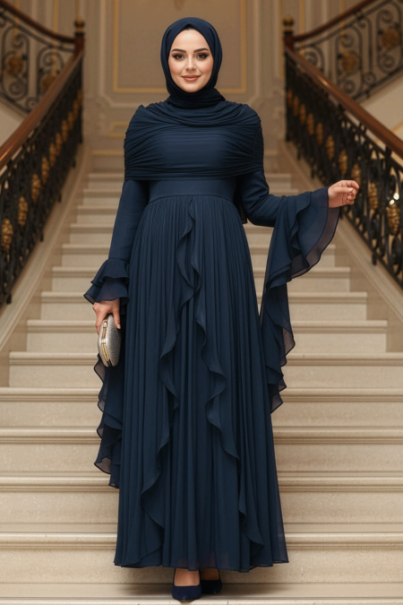 Modest Evening Dress - Ruffle Detailed Navy Blue Modest Evening Dress 53981L - 