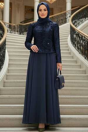Modest Evening Dress - Ruffle Detailed Navy Blue Modest Evening Dress 54912L - 