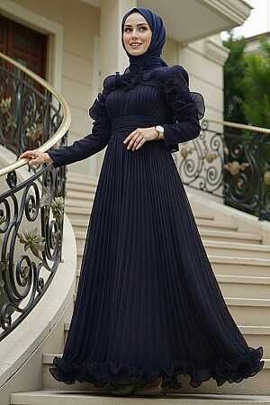 Modest Evening Dress - Ruffle Detailed Navy Blue Modest Evening Dress 55691L - 