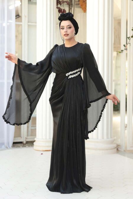 Modest Evening Dress - Ruffle Sleeve Black Modest Evening Dress 5322S - NEVA STYLE
