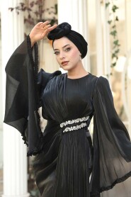 Modest Evening Dress - Ruffle Sleeve Black Modest Evening Dress 5322S - 5