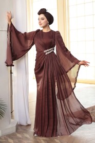 Modest Evening Dress - Ruffle Sleeve Brown Modest Evening Dress 5322KH - 1