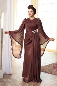 Modest Evening Dress - Ruffle Sleeve Brown Modest Evening Dress 5322KH - 2