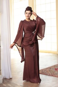Modest Evening Dress - Ruffle Sleeve Brown Modest Evening Dress 5322KH - 3