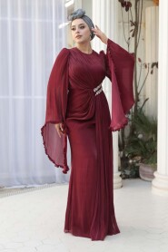 Modest Evening Dress - Ruffle Sleeve Burgundy Modest Evening Dress 5322BR - 2