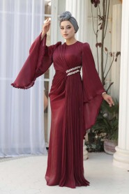 Modest Evening Dress - Ruffle Sleeve Burgundy Modest Evening Dress 5322BR - 4