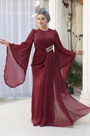 Modest Evening Dress - Ruffle Sleeve Burgundy Modest Evening Dress 5322BR - 1