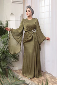 Modest Evening Dress - Flounce Sleeve Khaki Modest Evening Dress 5322HK - 3