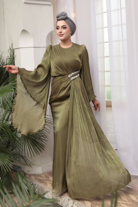 Modest Evening Dress - Flounce Sleeve Khaki Modest Evening Dress 5322HK - NEVA STYLE