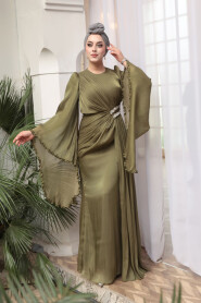 Modest Evening Dress - Flounce Sleeve Khaki Modest Evening Dress 5322HK - 2