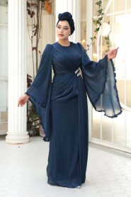 Modest Evening Dress - Ruffle Sleeve Navy Modest Evening Dress 5322L - 2