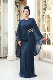Modest Evening Dress - Ruffle Sleeve Navy Modest Evening Dress 5322L - 3