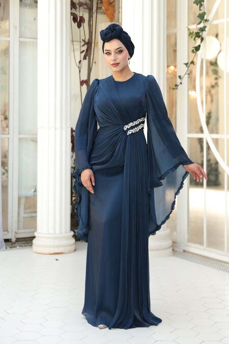 Modest Evening Dress - Ruffle Sleeve Navy Modest Evening Dress 5322L - NEVA STYLE