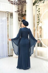Modest Evening Dress - Ruffle Sleeve Navy Modest Evening Dress 5322L - 4
