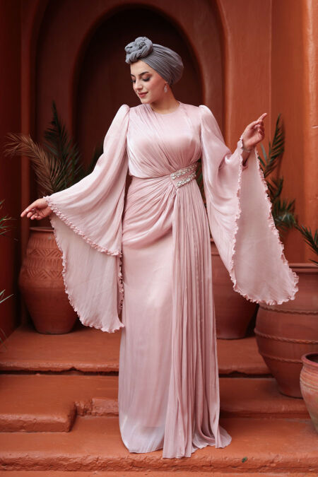 Modest Evening Dress - Flounce Sleeve Powder Modest Evening Dress 5322PD - NEVA STYLE
