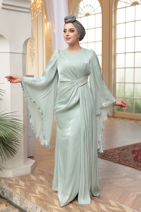 Modest Evening Dress - Flounce Sleeve Almond Green Modest Evening Dress 5322CY - NEVA STYLE