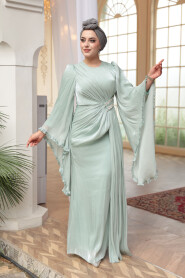 Modest Evening Dress - Flounce Sleeve Almond Green Modest Evening Dress 5322CY - 2