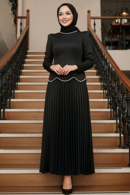 Modest Evening Dress - Satin Black Modest Evening Dress 5462S - 