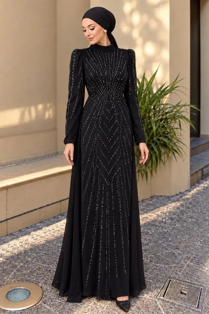 Modest Evening Dress - Satin Black Stone-Embellished Modest Evening Dress 56061S - 