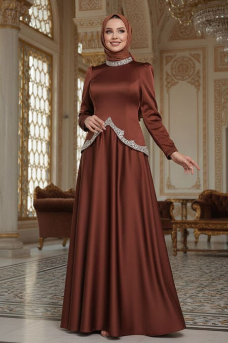 Modest Evening Dress - Satin Brown Modest Evening Dress 5459KH - 