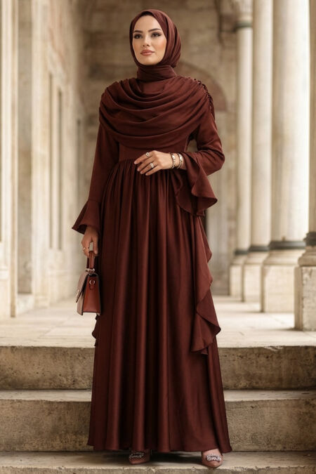 Modest Evening Dress - Satin Brown Modest Evening Dress 55461KH - 