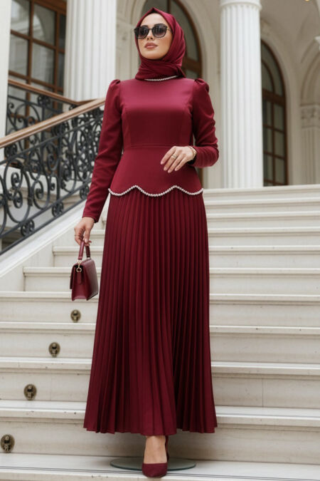 Modest Evening Dress - Satin Claret Red Modest Evening Dress 5462BR - 