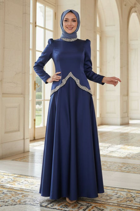 Modest Evening Dress - Satin Dark Indigo Blue Modest Evening Dress 5459KIM - 