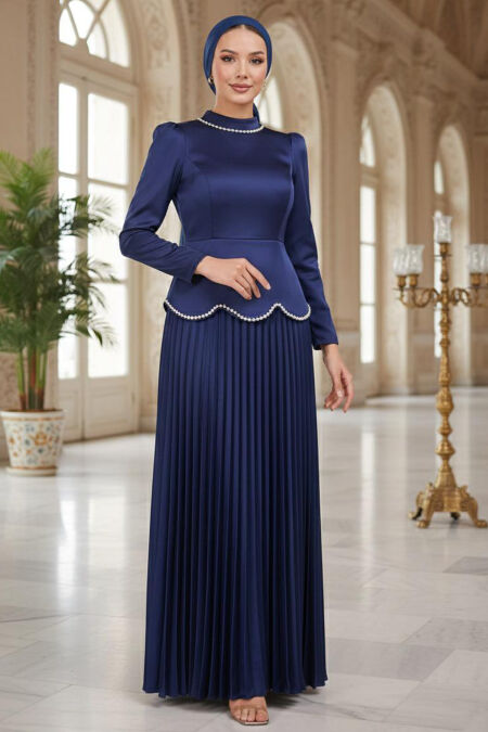 Modest Evening Dress - Satin Dark Indigo Blue Modest Evening Dress 5462KIM - 